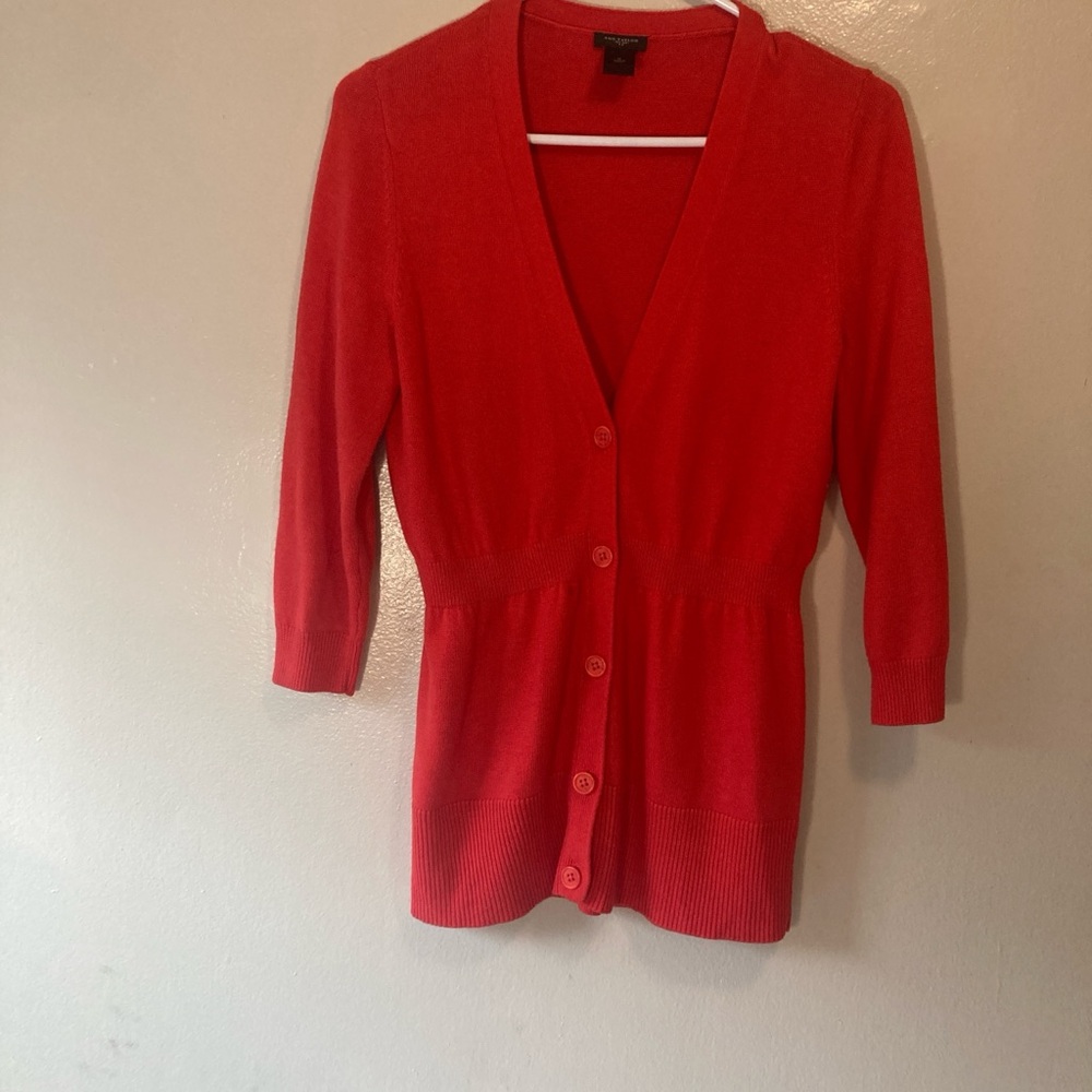 Ann Taylor Red Cardigan Sweater V-Neck Lightweight Knit